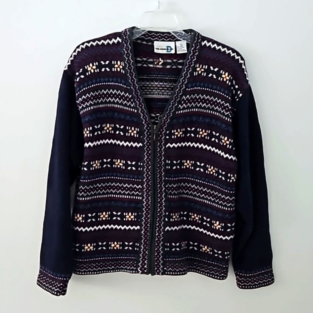 Vintage zip front‎ Grandma-core cardigan sweater fair isle flowers size large